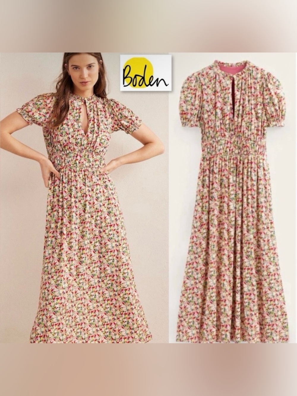 Boden Floral Midi Dress in Cream with Pink & Green Accents